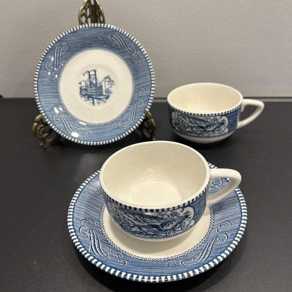 Vintage Currier & Ives Cup And Saucer Steamboat Horse Carriage Farmhouse Pair 2